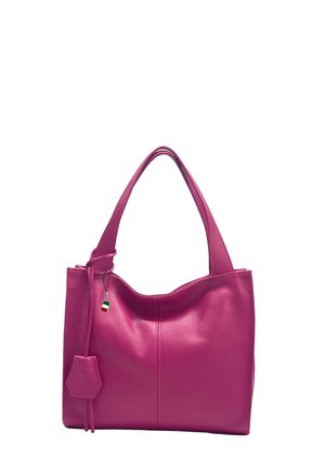 Bright pink leather handbag with two handles and a small hanging tag featuring a red, white, and green flag charm.