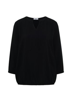 Zwarte blouse met lange mouwen, ronde hals en een koordje om aan te trekken, losse pasvorm, elastische zoom en een label met de tekst "CECIL" in de kraag.