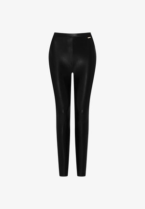 Schwarze Leggings aus einem glänzenden, dehnbaren Material. Enganliegender Schnitt mit hohem Bund. Verfügt über ein kleines metallisches Logo-Detail.