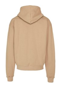 Beige kapuutsiga sviiter, millel on mugav lõige, ribat paelad ja alläär. Sile tekstuur, ilma nähtavate mustrite või riistade detailideta. Tagantvaade.