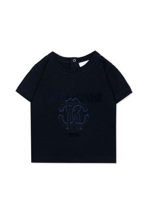 Zwart peuter T-shirt met korte mouwen, ronde hals, drukknoop aan de achterkant en geborduurd logo en tekst "roberto cavalli" aan de voorkant.