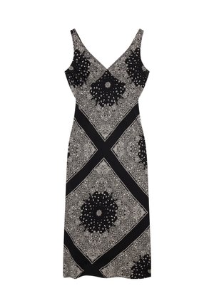 Μαύρο μίντι φόρεμα χωρίς μανίκια με λευκό σχέδιο μπαντάνας σε παϊέλι και λουλουδάτο μοτίβο και λαιμόκοψη σε σχήμα V.