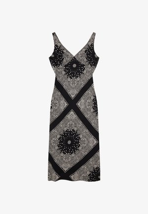 Μαύρο μίντι φόρεμα χωρίς μανίκια με λευκό σχέδιο μπαντάνας σε παϊέλι και λουλουδάτο μοτίβο και λαιμόκοψη σε σχήμα V.