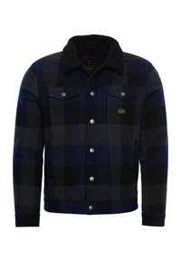 Giacca in flanella da uomo, motivo a quadri blu e grigio, colletto in pile nero, chiusura con bottoni, due tasche sul petto con patta, texture morbida.