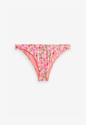 Rosa bikini bund med blomster- og jordbærmønstre. Fremstillet af blød stof med samlede sider og en lavtalje.