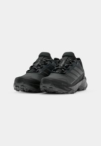 Schwarze Wanderschuhe mit einer strukturierten Oberseite, die graue Akzente und eine robuste Gummisohle aufweisen. Inklusive Schnürsenkel und GORE-TEX-Branding.