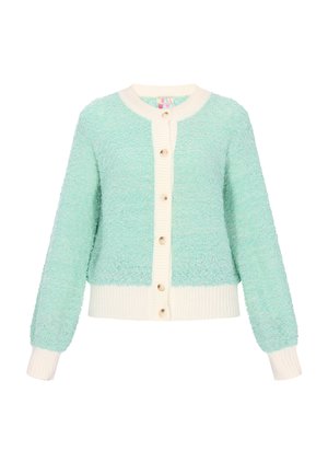 Miętowozielony kardigan o fakturowanej powierzchni, z kremowymi ściągaczami na mankietach i dole, zapinany na pięć guzików z przodu.