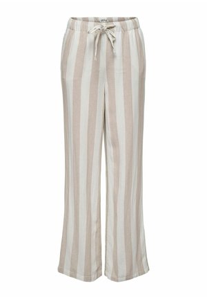 Pantaloni leggeri e morbidi, in beige e con righe verticali bianche. Presentano una vita elastica con coulisse e nessuna tasca.