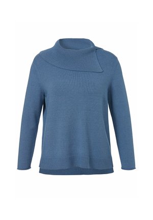 Blauer Strickpullover mit hochgezogenem, geripptem Kragen und asymmetrischem Saum. Verfügt über lange Ärmel und eine strukturierte Oberfläche für zusätzliche Wärme.