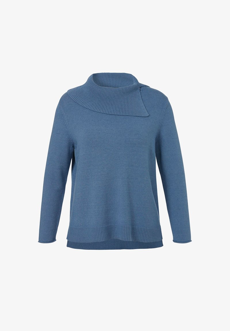 Blue knitted sweater with a high ribbed collar and asymmetrical hem. Features long sleeves and a textured finish for added warmth.