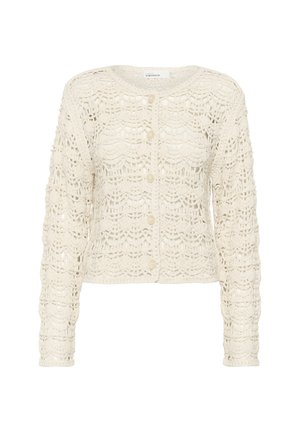 Horgolt kardigán tört fehér színben, texturált mintával, hosszú ujjal, kerek nyakkivágással és gombos záródással elöl.