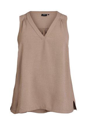 Mouwloze beige top met een V-hals, plooidetails op de schouders en zijsplitten voor bewegingsvrijheid. Glad, lichtgewicht stof.