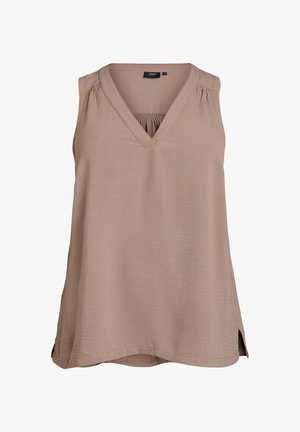 Lihtne beez top, millel on V-kujuline kaelus, volditud detailid õlgadel ja külgmised lõhikud liikumisvabaduse tagamiseks. Sile ja kerge kangas.