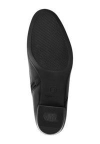 Sole di scarpa nera con motivo testurizzato per la presa, caratterizzata da un logo impresso e un design con bordi lisci, realizzata con materiali resistenti.