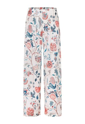 Hvide bukser med vide ben og elastisk talje, pyntet med et detaljeret blomsterprint i nuancer af rød, blå og pink.