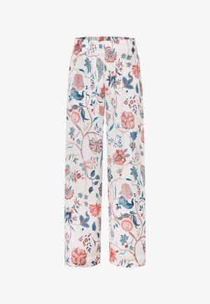 Hvide bukser med vide ben og elastisk talje, pyntet med et detaljeret blomsterprint i nuancer af rød, blå og pink.