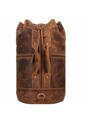 Brauner Leder-Rucksack mit Kordelzugverschluss, ausgestattet mit zwei vorderen Reißverschlusstaschen und dekorativen Nähten. Glatte Textur mit einem Vintage-Finish.