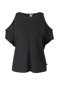 Haut noir à manches courtes avec découpes épaules nues et col rond, taille petite, présenté sur un fond blanc.