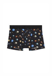 Černé boxerky s potiskem inspirovaným vesmírem, zahrnujícím planety a hvězdy v různých barvách. Elastický pas s vyraženým logem.