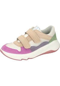 Multicolored sneaker with a beige, purple, green, and gray suede upper, elastic Velcro straps, and a cushioned white sole.
