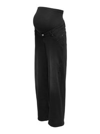 Jean de maternité noir à jambe large avec taille haute extensible et légers détails usés sur les jambes.