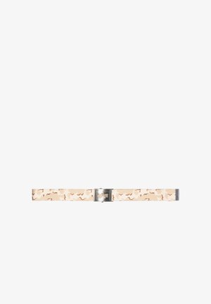 Gürtel mit beigem Stoff und braunen abstrakten Mustern, flaches Design und einer metallischen Schnalle mit einem dezenten Logodetail.