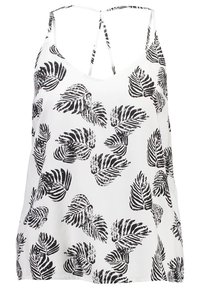 Camisole blanche avec motif de feuilles noires, dotée de fines bretelles réglables et d'une coupe décontractée. Fabriquée en tissu léger et lisse.