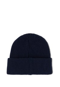 Námořnická modrá pletená čepice s pružným lemem, navržena pro teplo a každodenní nošení.