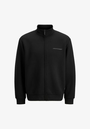 Černá zipová bunda s vysokým límcem, žebrovanými manžetami a lemem, a malou horizontální kapsičkou na levé straně hrudi.