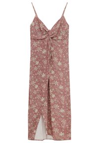 Rosa, ärmelloses Kleid mit einer Krawattenfront und einem Schlitz. Es zeichnet sich durch ein zartes Muster aus weißen Blumen und grünen Akzenten auf einem strukturierten Stoff aus.