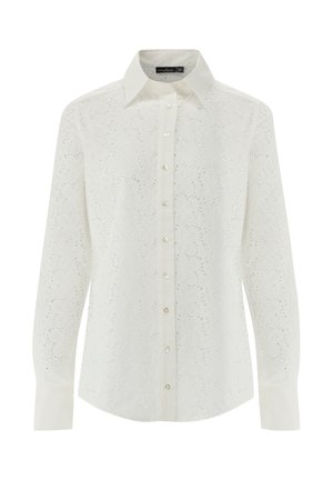 Weiße Langarmbluse mit einem detaillierten bestickten Blumenmuster, Knopfleiste und klassischem Kragen. Weicher, strukturierter Stoff.