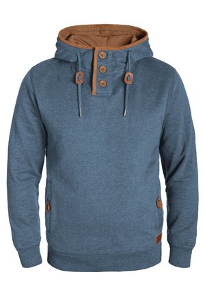Blue sweatshirt with a brown inner lining, three-button placket, and drawstring hood. Features side pockets and textured fabric.
