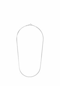 Collana a catena sottile in argento con chiusura a molla su uno sfondo bianco.