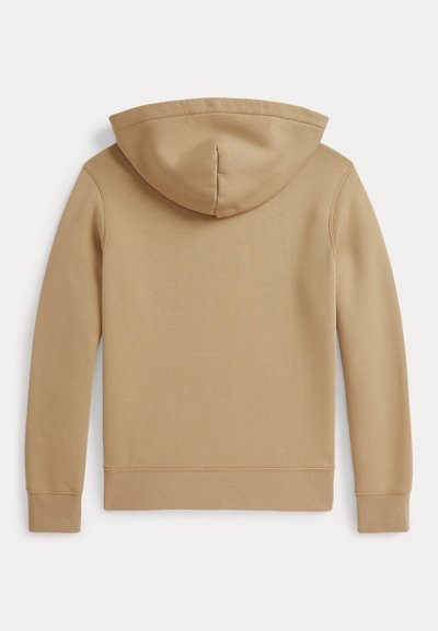 Sweatshirt com capuz na cor bege, apresentando uma textura suave, mangas longas e punhos e bainha elásticos. Design simples sem logótipos visíveis.