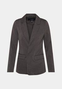 Donkergrijs colbert gemaakt van een gestructureerde stof. Voorzien van een reverskraag, twee voorzakken en een getailleerde pasvorm met lange mouwen.