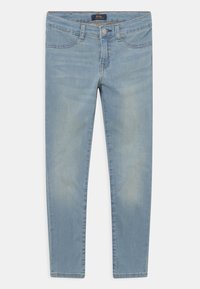 Light blue skinny jeans made of denim, featuring five pockets, a button closure, and subtle fading for texture and detail.