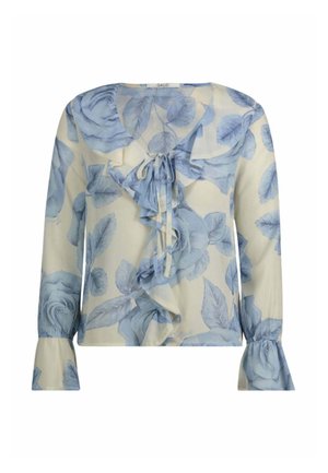 Blusa leggera color crema con motivo floreale blu. Presenta una parte anteriore con volant, dettaglio con fiocco e maniche a campana. Tessuto liscio, vestibilità rilassata.