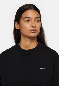 Zwarte sweatshirt met geribbelde ronde halslijn en een klein Dickies logo-opstiksel op de borst. Zacht materiaal met een effen structuur.