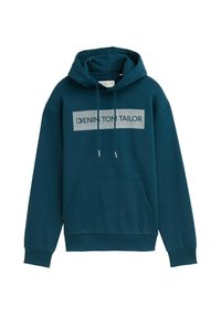 Teal hoodie gemaakt van een katoenmix. Bevat een voorkeurszak, ribgebreide manchetten en een grijze bedrukte logo op het borstgebied.