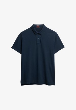Marineblå polo t-shirt lavet af bomuld. Har krave, korte ærmer, en knaplukning og et lille logo på ærmet.