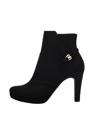 Black suede ankle boot with a pointed toe, sleek design, and a gold buckle accent on the side. Features a high heel and platform sole.