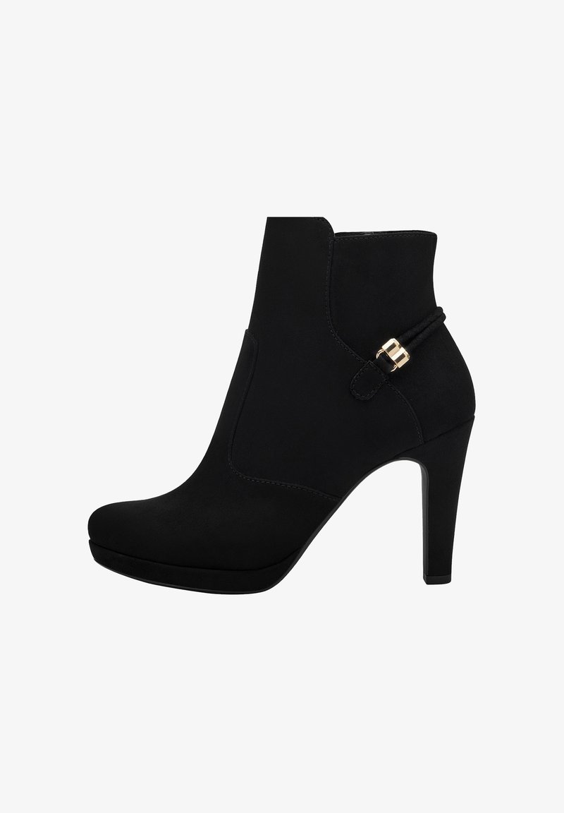 Melnas zamša potītes zābakus ar smailu purngalu, elegantu dizainu un zelta sprādzi sānos. Iespējas ar augstu papēdi un platformas zoli.