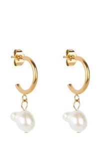 Gold hoop earrings with a textured finish, featuring a dangling irregular white pearl drop attached by a small gold link.