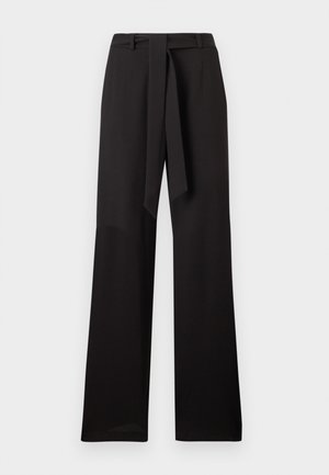 Black high-waist wide-leg trousers with a fabric belt and belt loops, displayed on a plain white background.