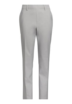 Hellgraue, gerade geschnittene Hose mit Gürtelschlaufen und Seitentaschen, dargestellt vor weißem Hintergrund.