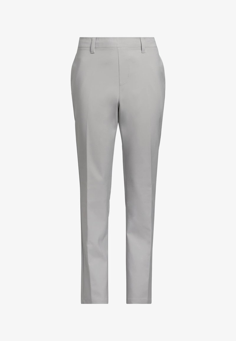 Pantalon gris clair à jambes droites avec passants de ceinture et poches latérales, présenté sur un fond blanc.