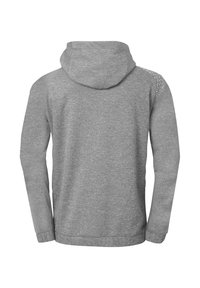 Gray hoodie with a textured back, featuring a drawstring hood, elastic cuffs, and a minimalist design with a subtle pattern on the shoulder.