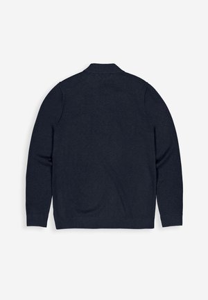 Marineblauer Langarmpullover mit geripptem Kragen, Bündchen und Saum, flach von hinten auf einem weißen Hintergrund angezeigt.