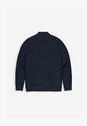 Marineblauwe lange mouw trui met geribbelde kraag, manchetten en zoom vlak weergegeven van de achterkant op een witte achtergrond.