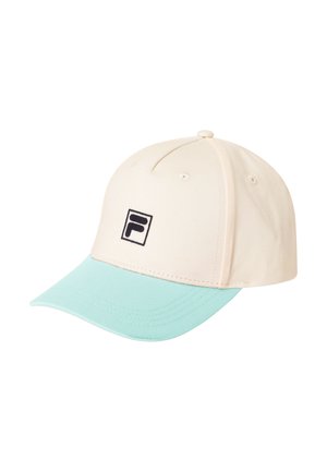 Baseballkasket med cremefarvet top, lyseblåt skygge og sort "F" logo på frontpanelet.